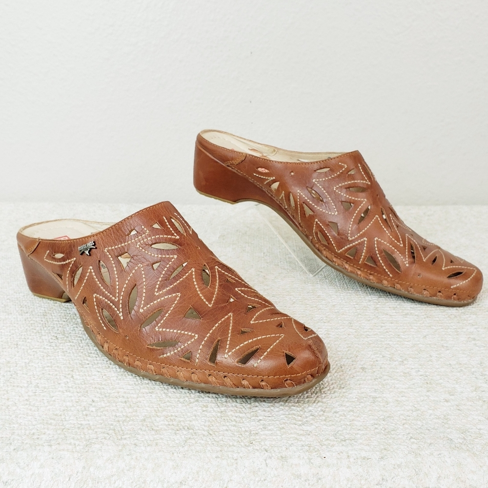 PIKOLINOS Floral Laser Cut Brown Leather Mules
